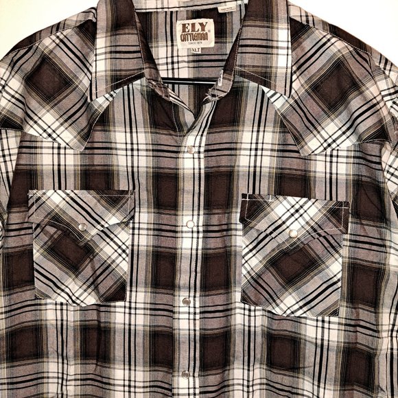 Men's Ely Cattleman Short Sleeve Plaid Western Pearl Snap Shirt XLTALL - Picture 2 of 7